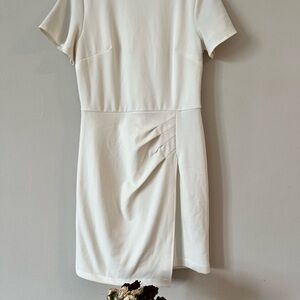 Express Cream Asymmetrical Pleated Mini Dress